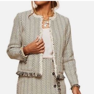 Spartina 449 LETTIE Boucle Tweed Fringe Open Front Jacket Blazer XS Career
